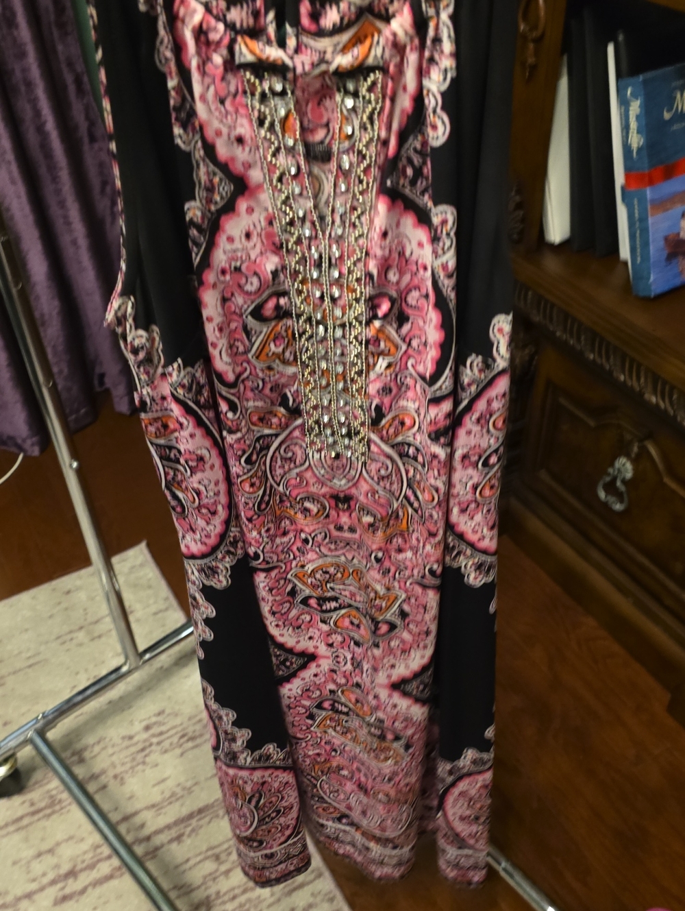 INC International Concepts Black Maxi Dress with Pink Paisley and Beaded Detail